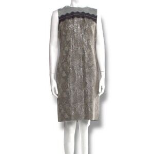 Tory Burch Wool Knee-Length Dress Gray Metallic Lace Trim Size 10 Large Cocktail